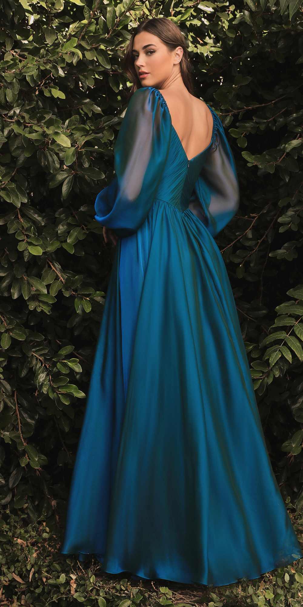 A-line chiffon dress with V-neck, long draped sleeves, gathered bodice, full skirt