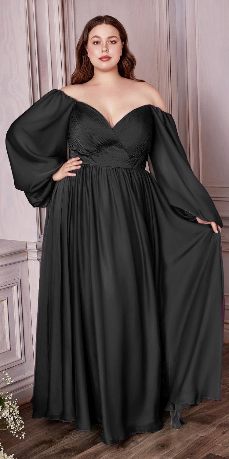 A-line chiffon dress with long puff sleeves, V-shaped neckline, gathered waist, maxi skirt
