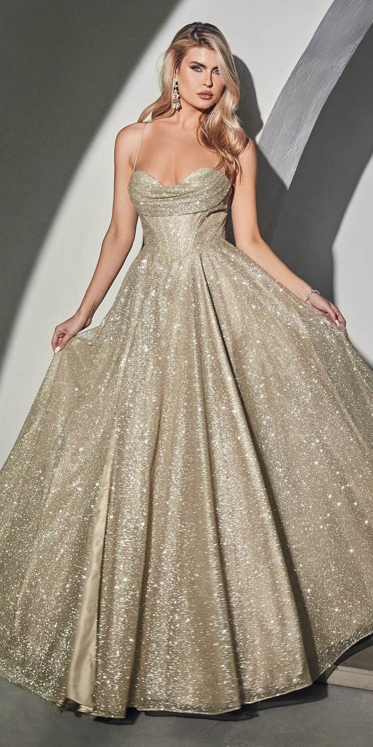 Gold glitter ball gown with sweetheart corset bodice, spaghetti straps, A-line skirt