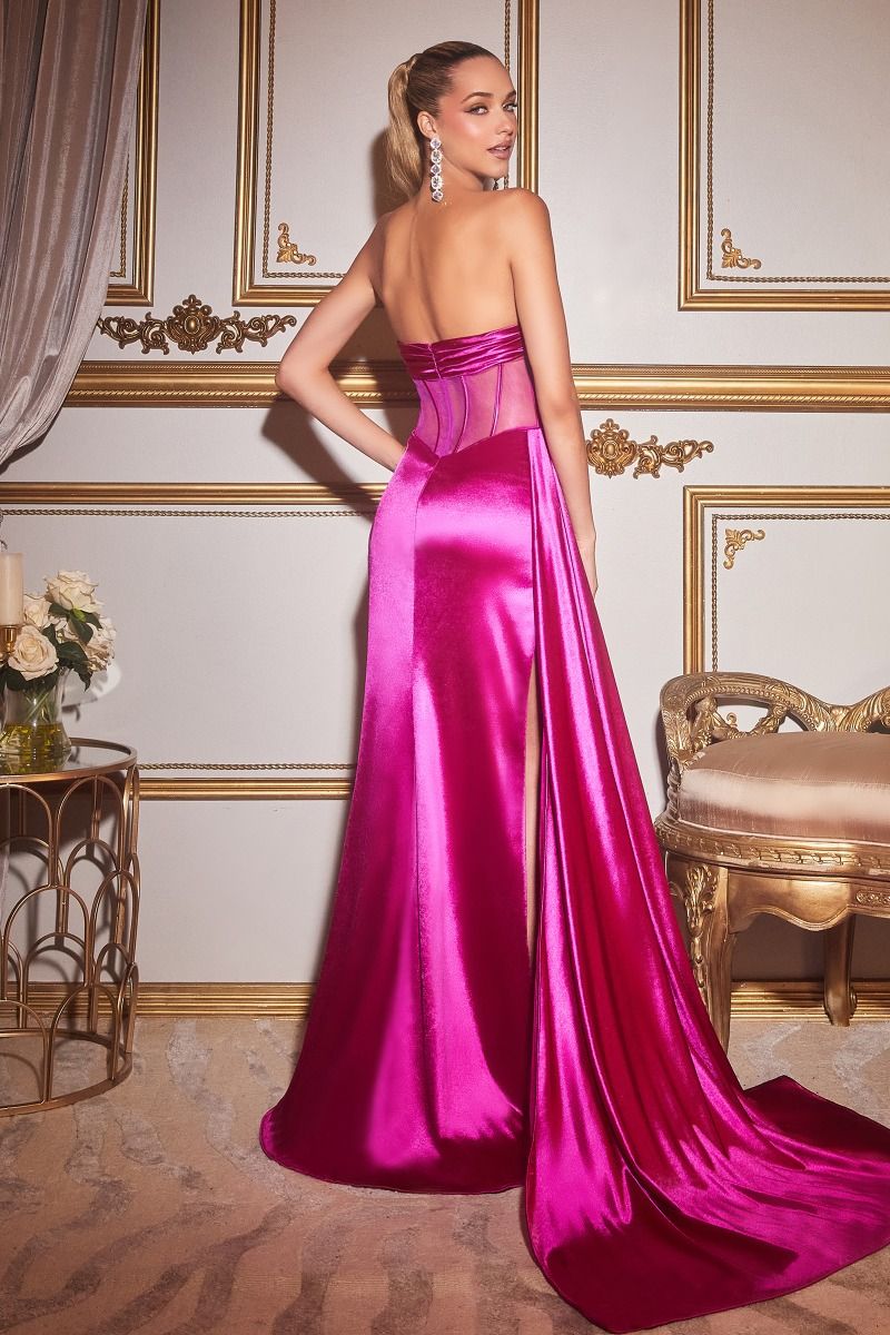 Magenta strapless satin corset gown with long draped skirt and high neckline slit