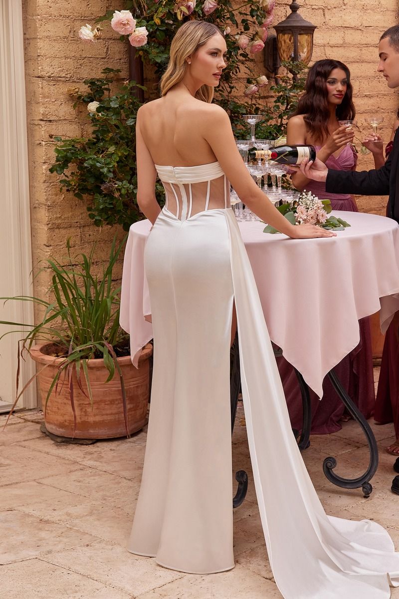 Off-white strapless corset satin gown with open back, corset lacing, long draped train