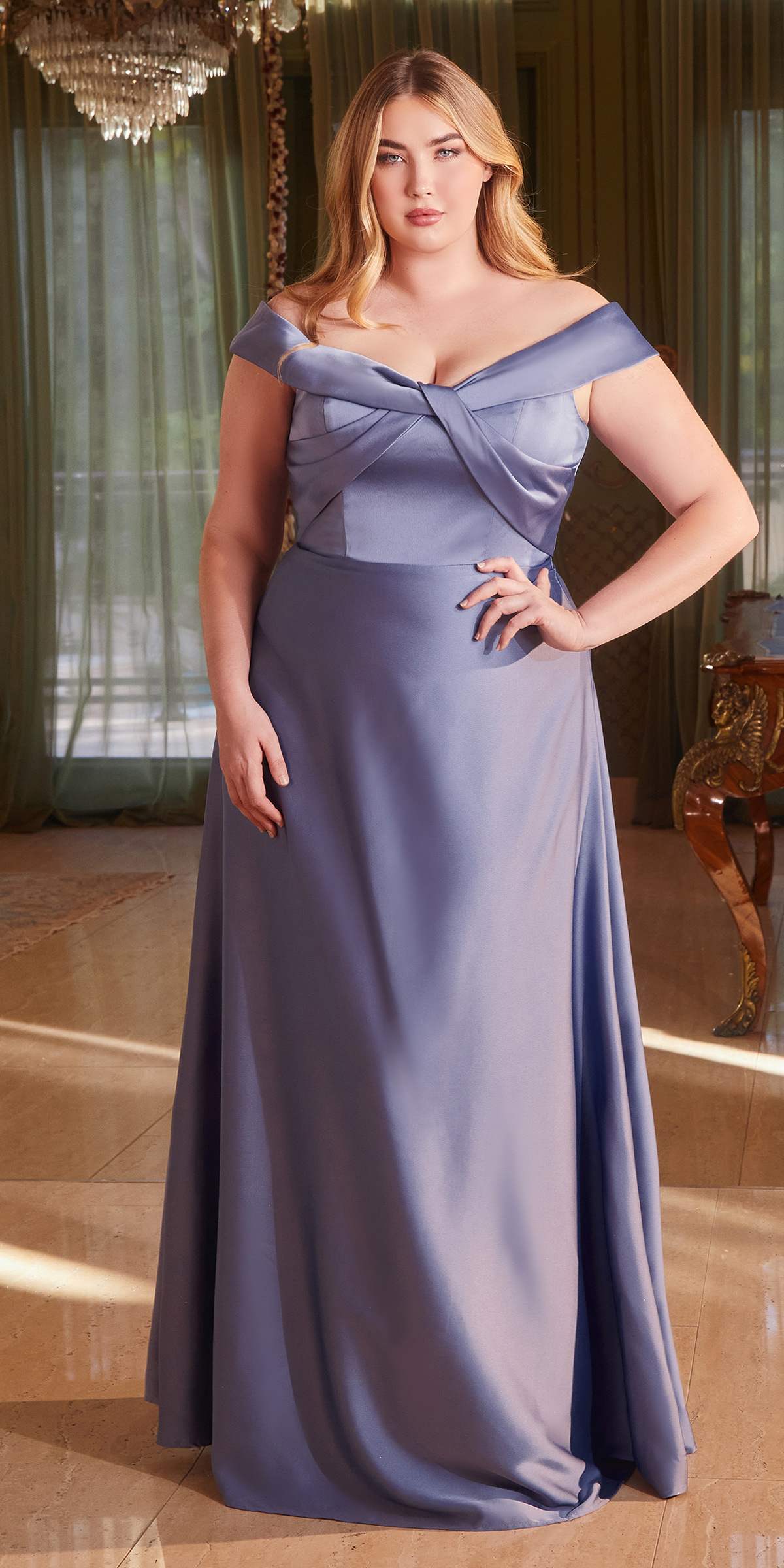 Light blue off-shoulder satin A-line floor-length dress with gathered bust