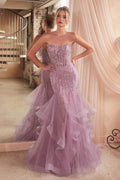 Sequin corset mermaid gown in lavender tiered tulle with sheer boned bodice