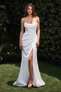 Off-white strapless chiffon gown with scoop neckline and front thigh slit