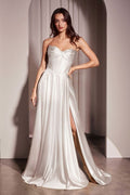 Strapless satin A-line wedding dress in off-white with sweetheart neckline and draped bodice