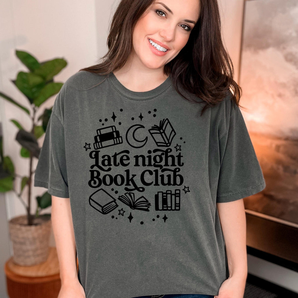 Dark green crewneck short-sleeve tee with 'Late night Book Club' graphic