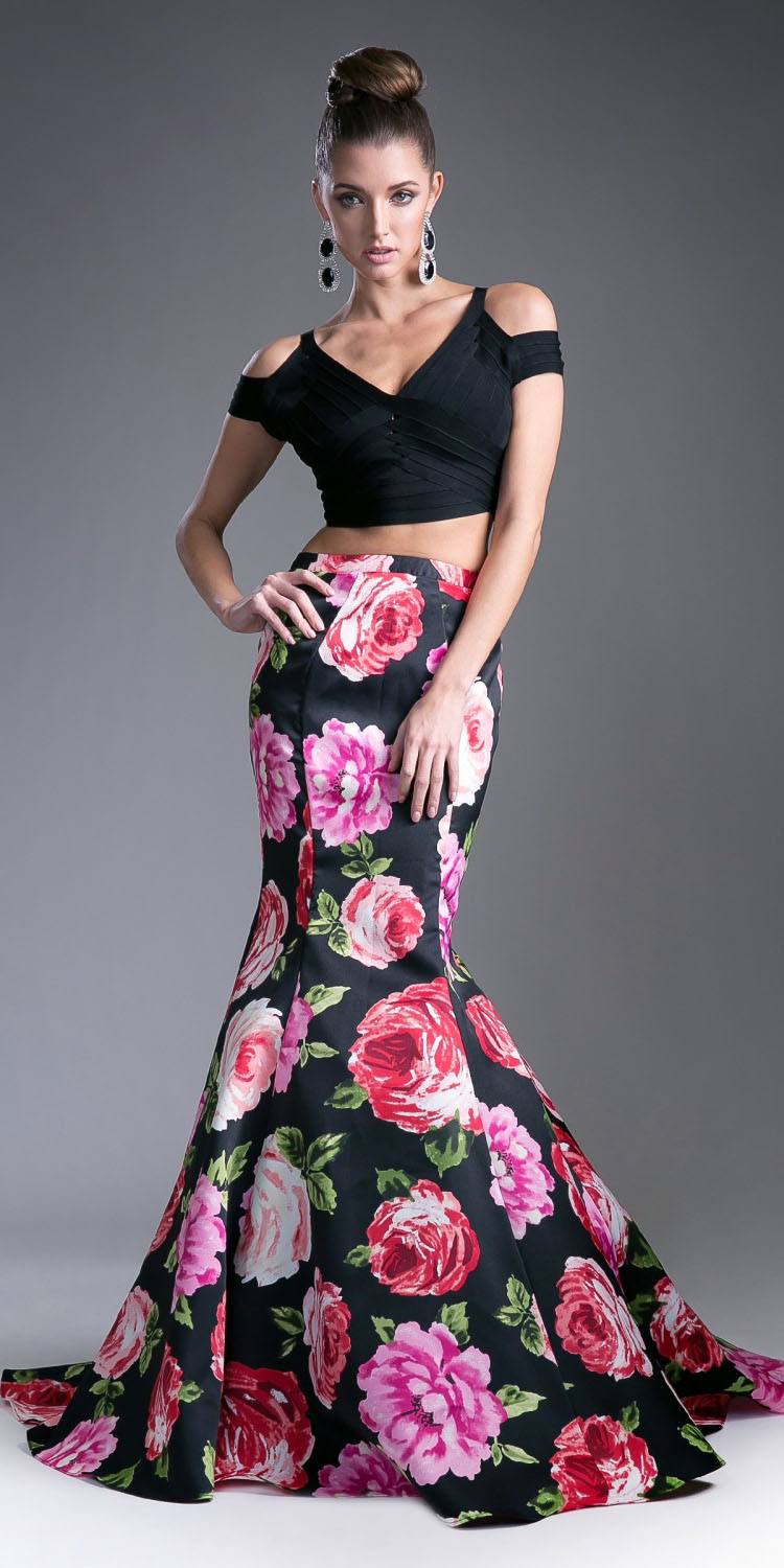 Long mermaid floral skirt, dark base with large pink and red rose pattern