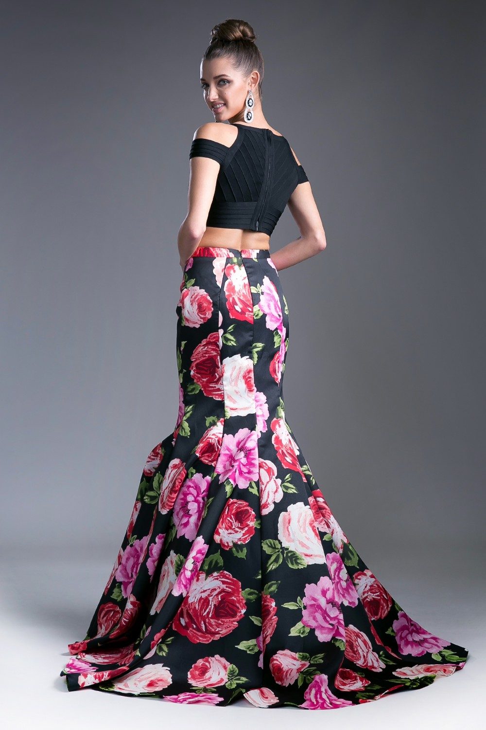 Long mermaid floral skirt, dark base with bold pink and red roses, side view