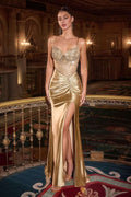 Gold satin evening gown with V-neck embellished bodice, spaghetti straps, and thigh slit