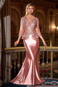 Dusty rose satin peplum evening gown with lace 3/4 sleeves and fitted skirt