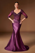 Eggplant fitted satin evening gown with embroidered bodice and 3/4 sleeves