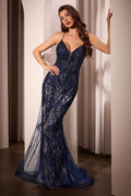 Navy lace and tulle fitted crystal-embellished gown with spaghetti straps, mermaid hem