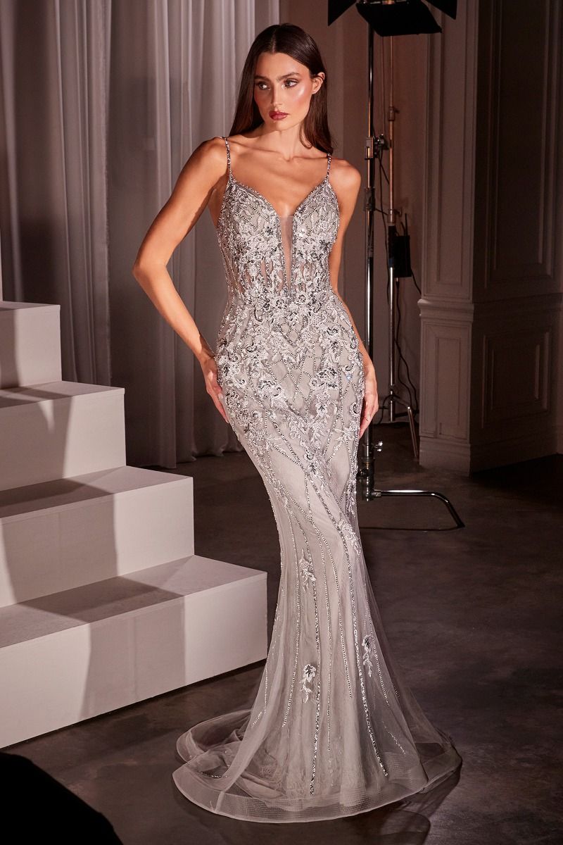 Silver-toned lace and tulle fitted crystal-embellished gown with thin straps and mermaid silhouette