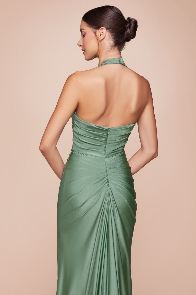 Back view: green ruched halter satin gown with open back and draped skirt