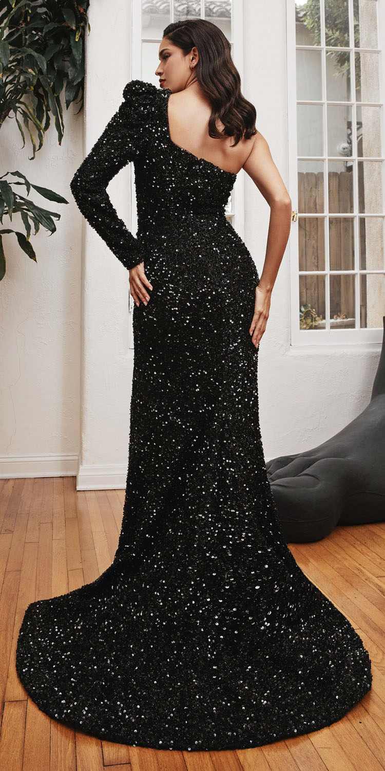 Black one-shoulder long-sleeve fitted sequin gown, mermaid hem