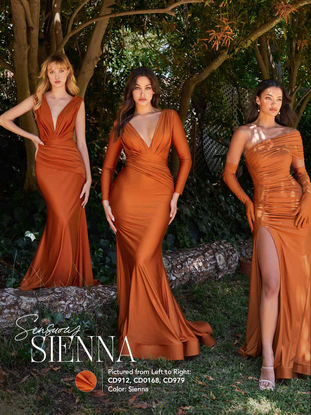 Orange ruched jersey gown with deep V-neck on model, fitted waist and mermaid skirt.