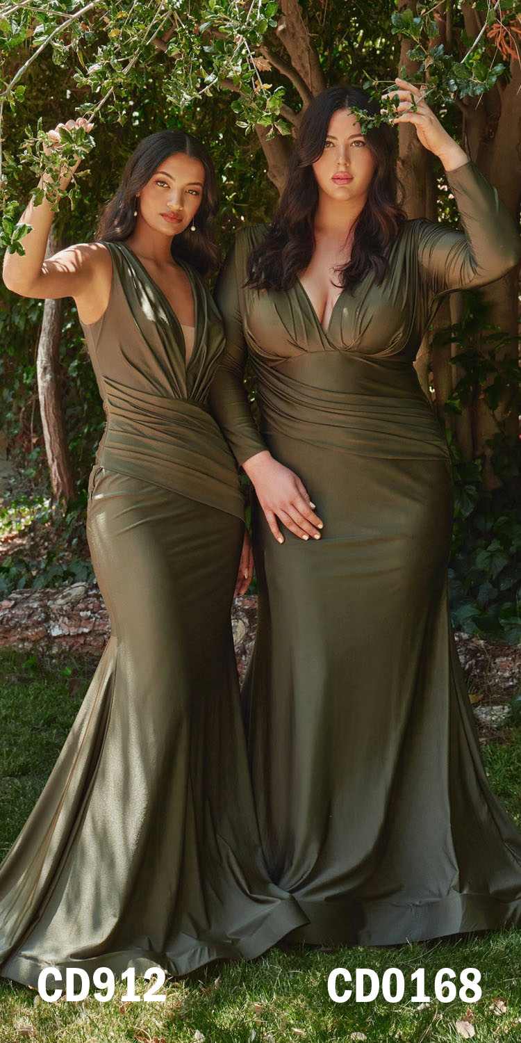 Ruched fitted jersey gown, sleeveless deep V-neck, pleated flare skirt, dark olive green