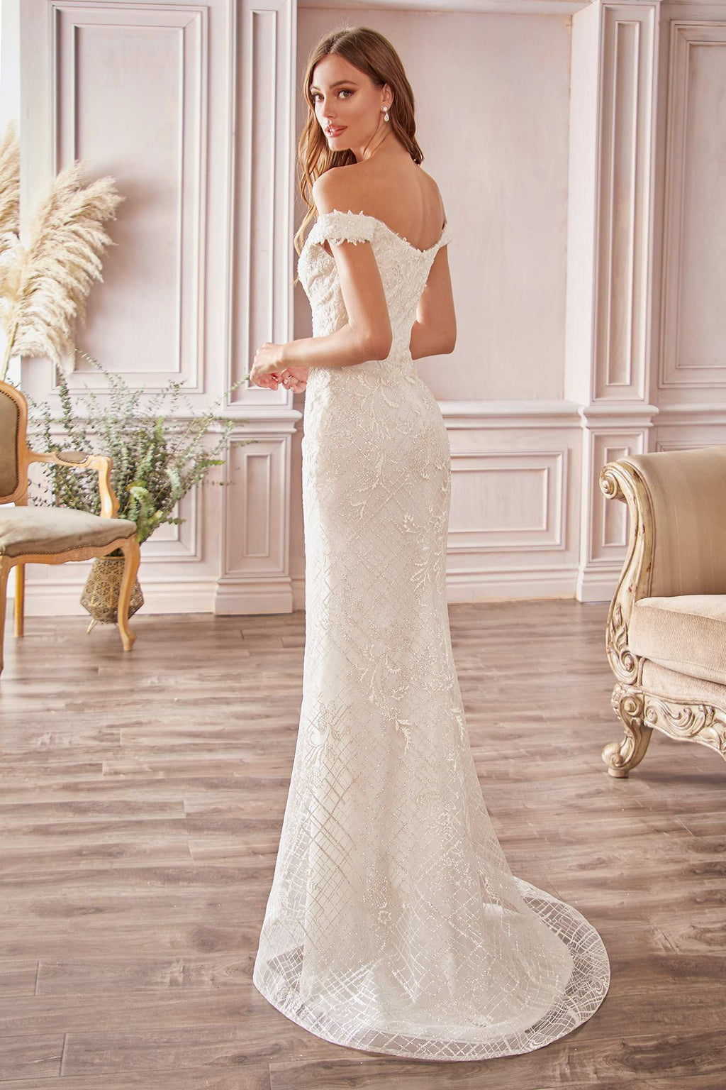 Off-white lace off-shoulder bridal gown, fitted mermaid silhouette with scalloped sleeves