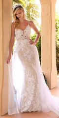 Off-white lace wedding gown with sheer overlay, sleeveless V-neck, A-line skirt