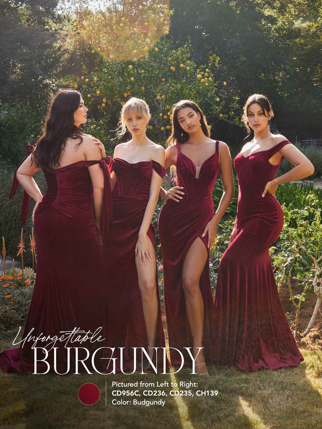 Burgundy velvet long fitted dresses with spaghetti straps and high front slit, gathered bodice.