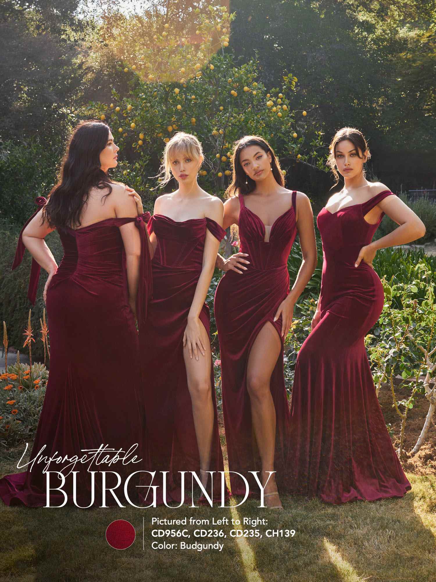 Burgundy off-shoulder fitted velvet gown with ruched bodice and thigh-high slit