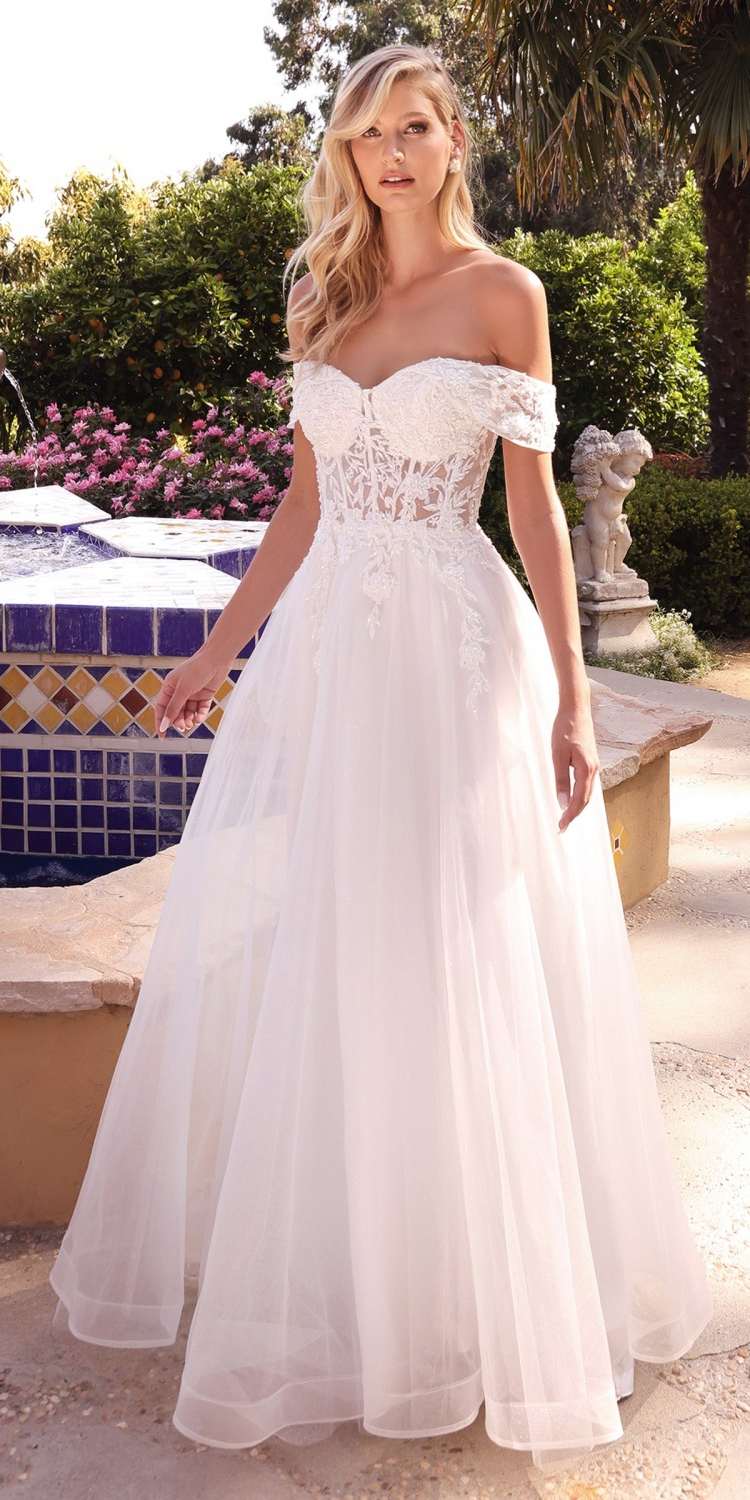 Off-white long off-shoulder lace bridal gown with fitted bodice and layered tulle skirt