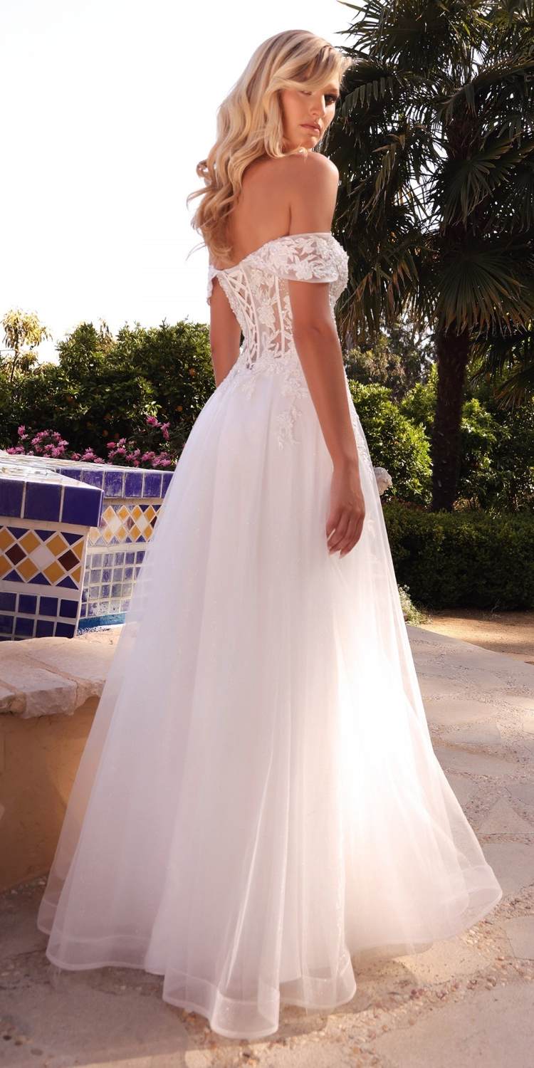 Off-white long bridal gown with off-shoulder lace top and open-back lace detail