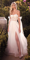 Off-white A-line wedding gown with lace boned bodice, sweetheart neckline, and thigh slit
