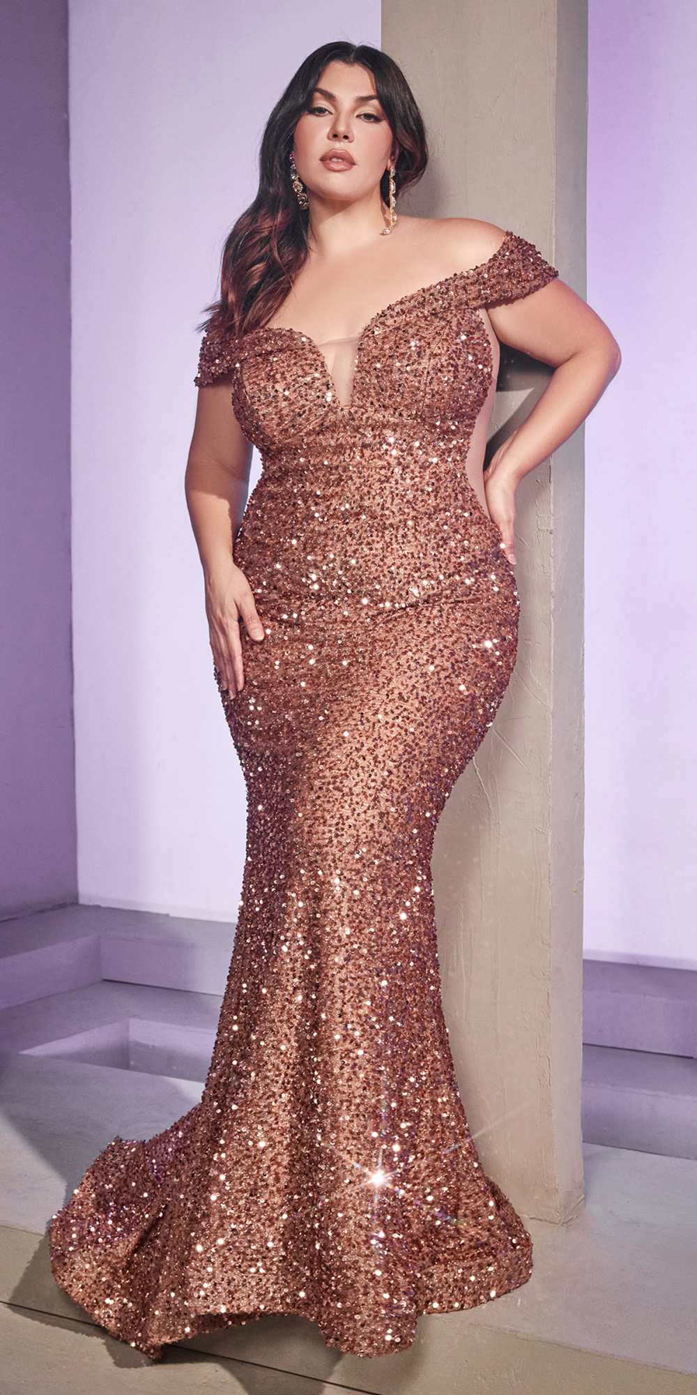 Long burgundy sequin off-shoulder mermaid gown, fitted bodice and flared hem