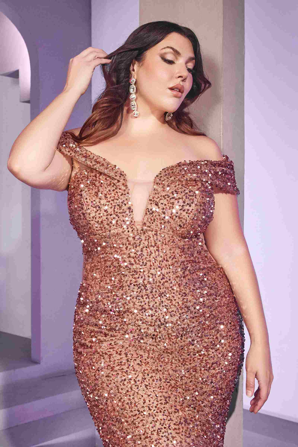 Burgundy sequin off-shoulder gown with sweetheart neckline and fitted mermaid silhouette