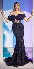 Black off-shoulder sequin gown with sweetheart neckline and open-back corset