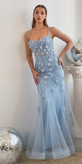 Light blue floral applique tulle gown with thin straps and tiered floor-length skirt