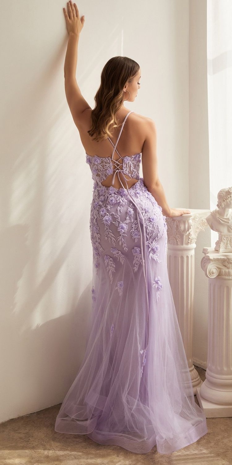 Lavender floral lace applique tulle gown, open back, fitted floor-length skirt