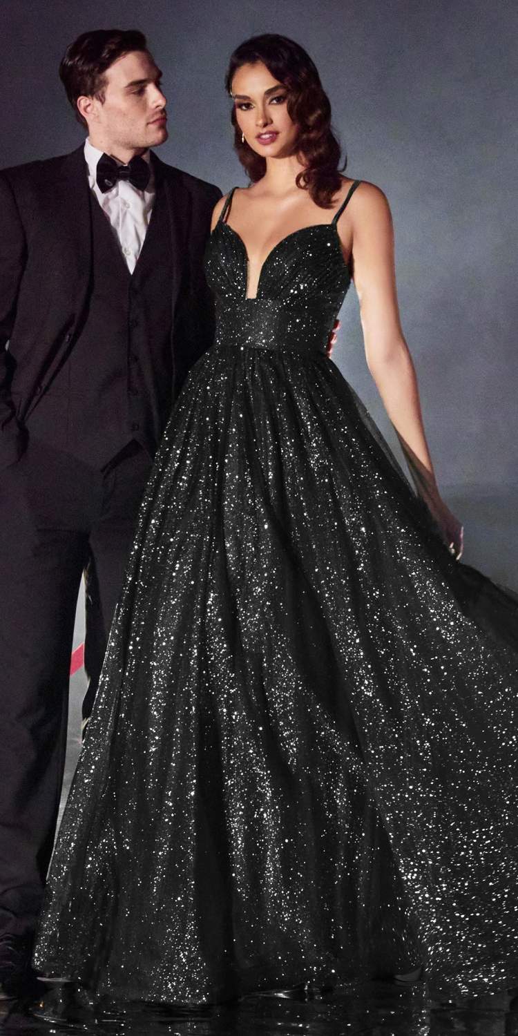 Black glitter ball gown with spaghetti straps, sweetheart bodice, and full A-line skirt