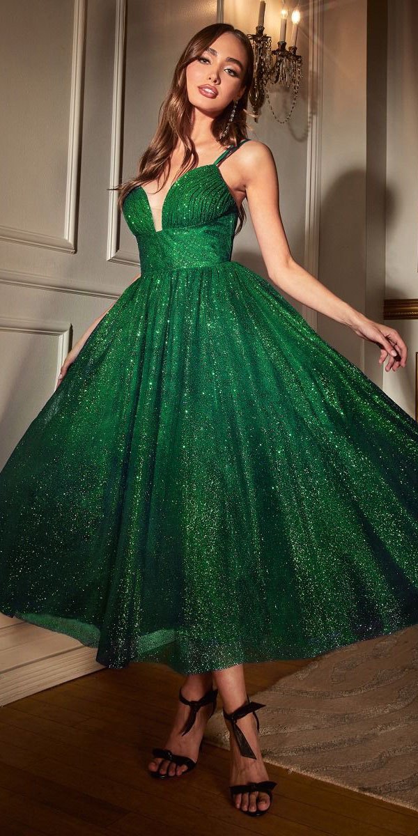 Emerald green glitter flocked tea-length dress with V neckline and flared skirt