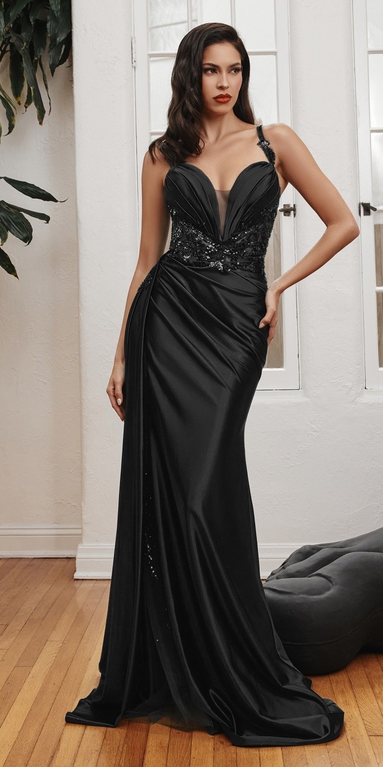 Black satin fitted floor-length gown with beaded corset bodice and side drape