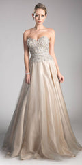Light silver strapless bead-embellished evening gown with sweetheart neckline and full tulle skirt