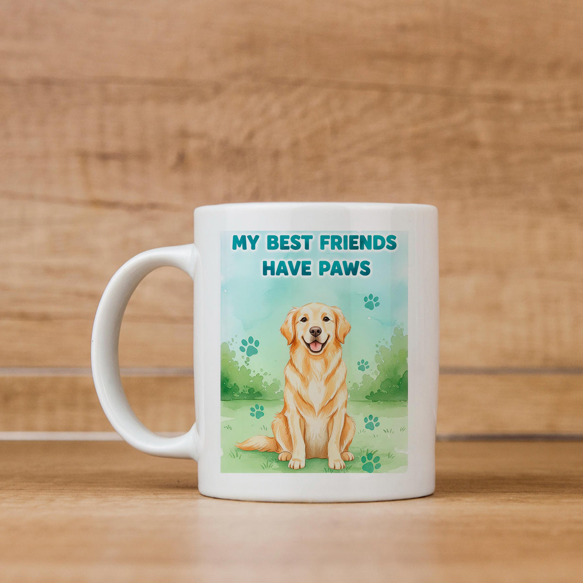 White ceramic mug with golden retriever graphic and text "My best friends have paws".
