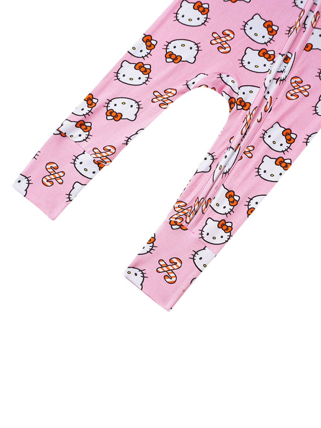 Pink footed baby romper with allover Hello Kitty print and front zipper