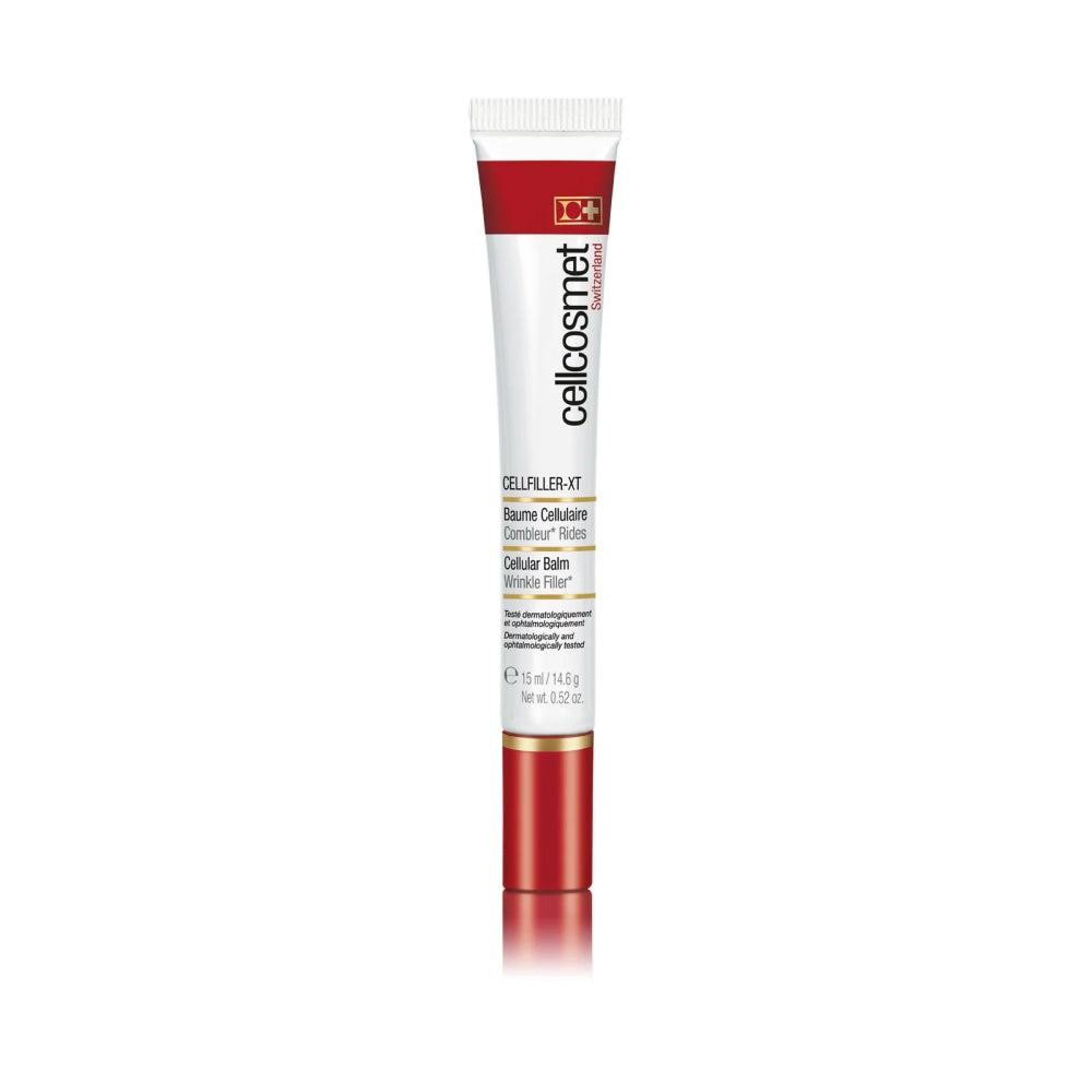 Skin care balm tube with red cap and white body