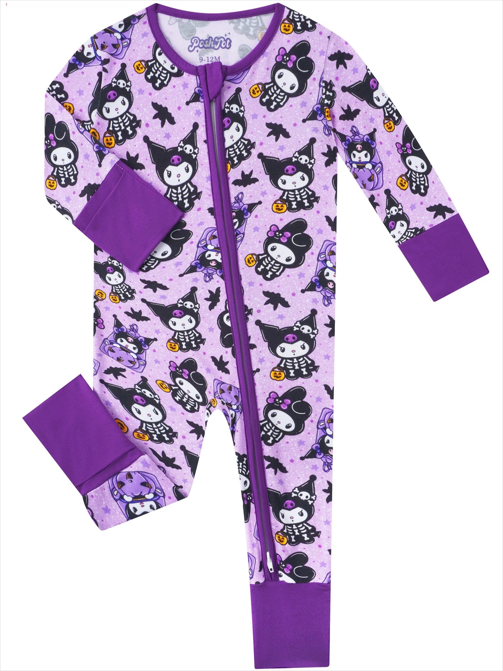 Purple baby zippy romper with black-and-white cartoon cats, long sleeves, footed