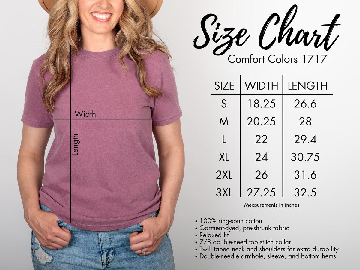 Purple T-shirt size chart graphic with width and length measurements for S–3XL