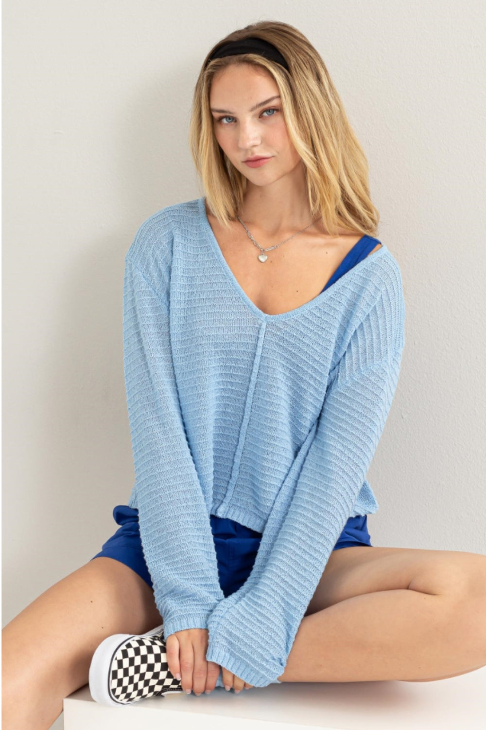 Long Sleeve Striped V-Neck Top with Texture