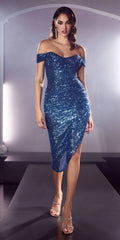 Lapis blue sequin off-shoulder midi cocktail dress with fitted silhouette and side slit