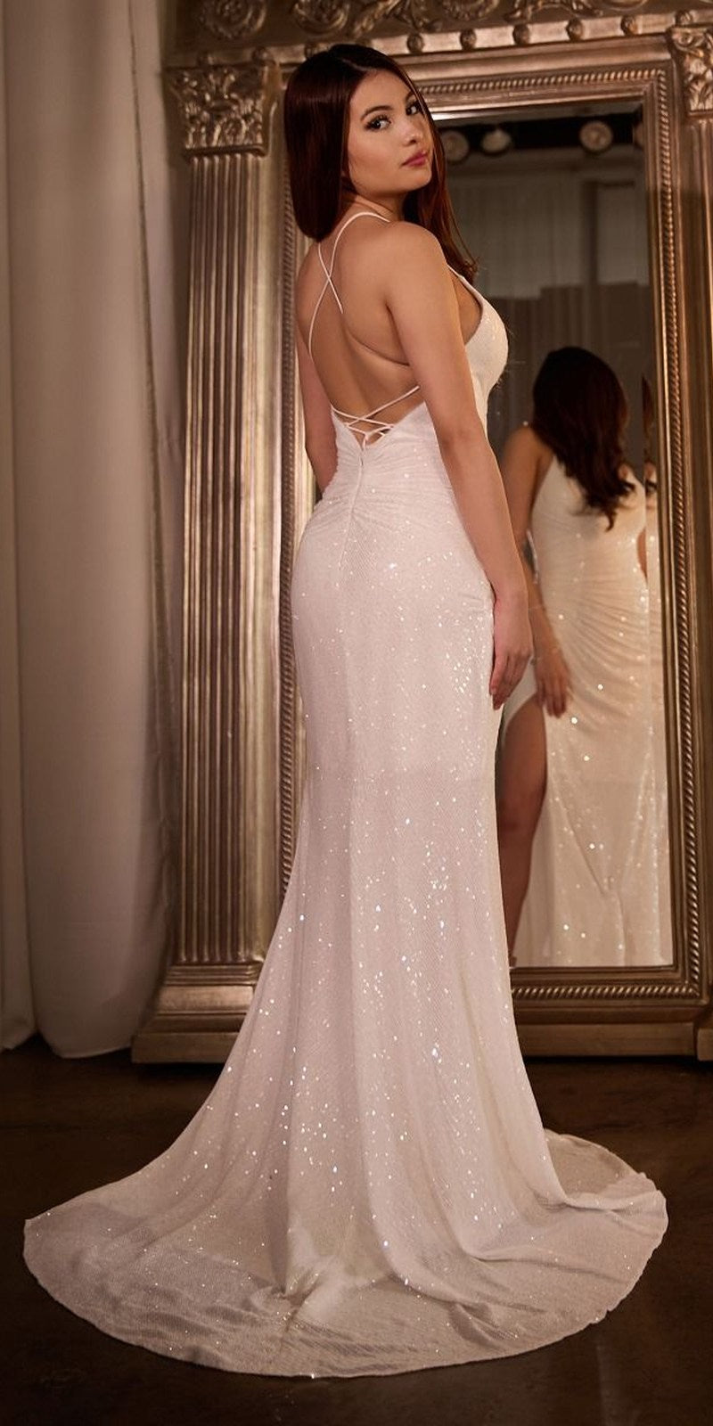 Off-white sequin long fitted gown with open back, gathered waist, high slit