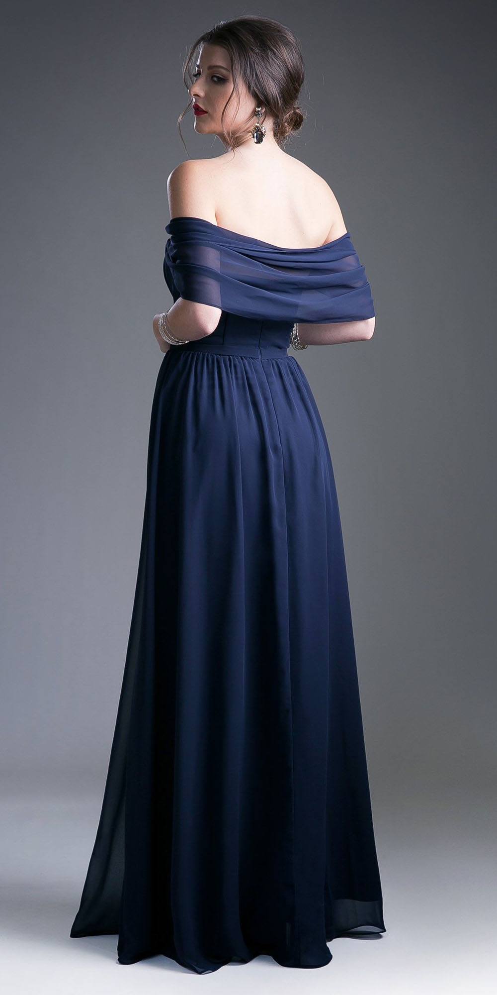 Dark blue off-shoulder A-line gown with draped neckline, long flowing skirt