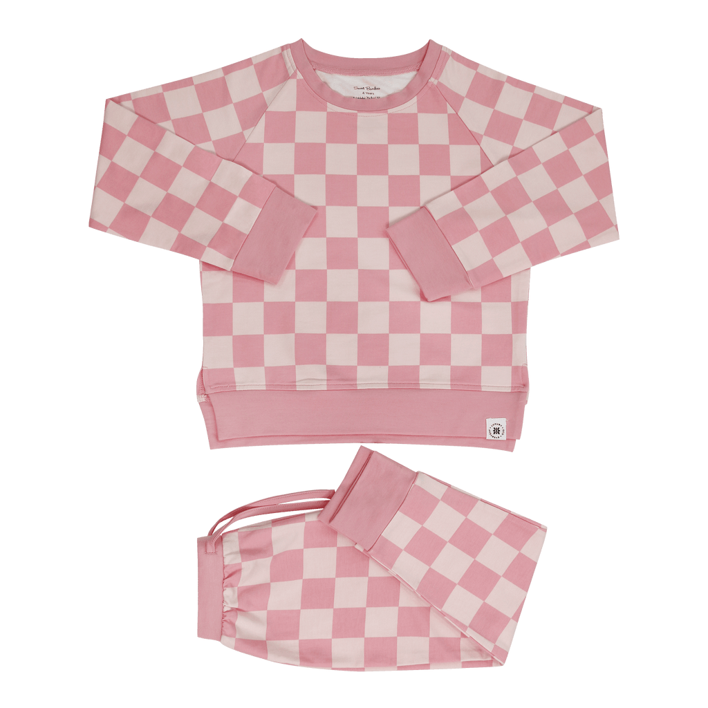 Pink checkered crewneck sweatshirt and matching jogger pants set