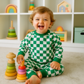 Green and white checkered crew neck sweatshirt and jogger pants set, toddler outfit