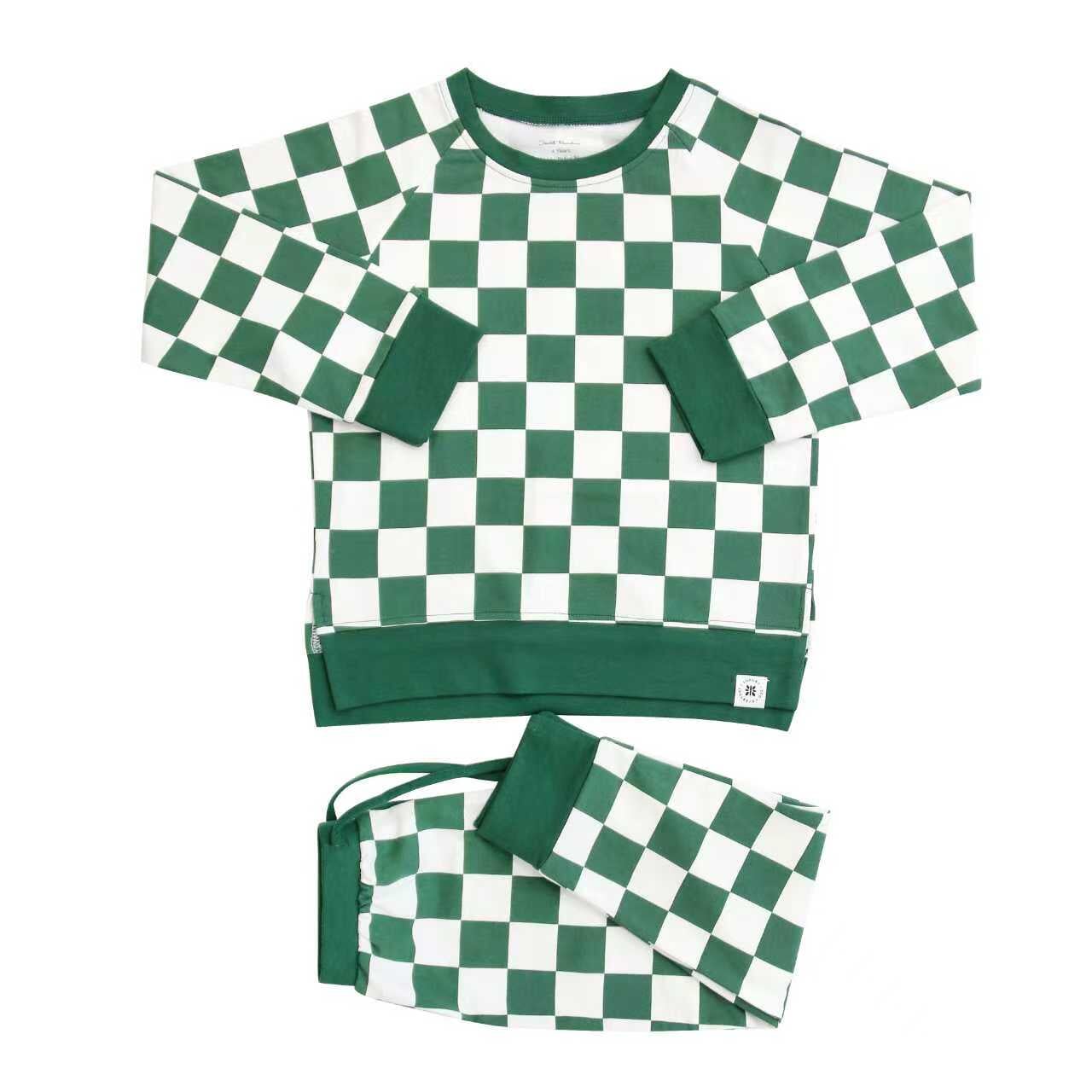 Green and white checkered crew neck pullover and matching jogger pants set