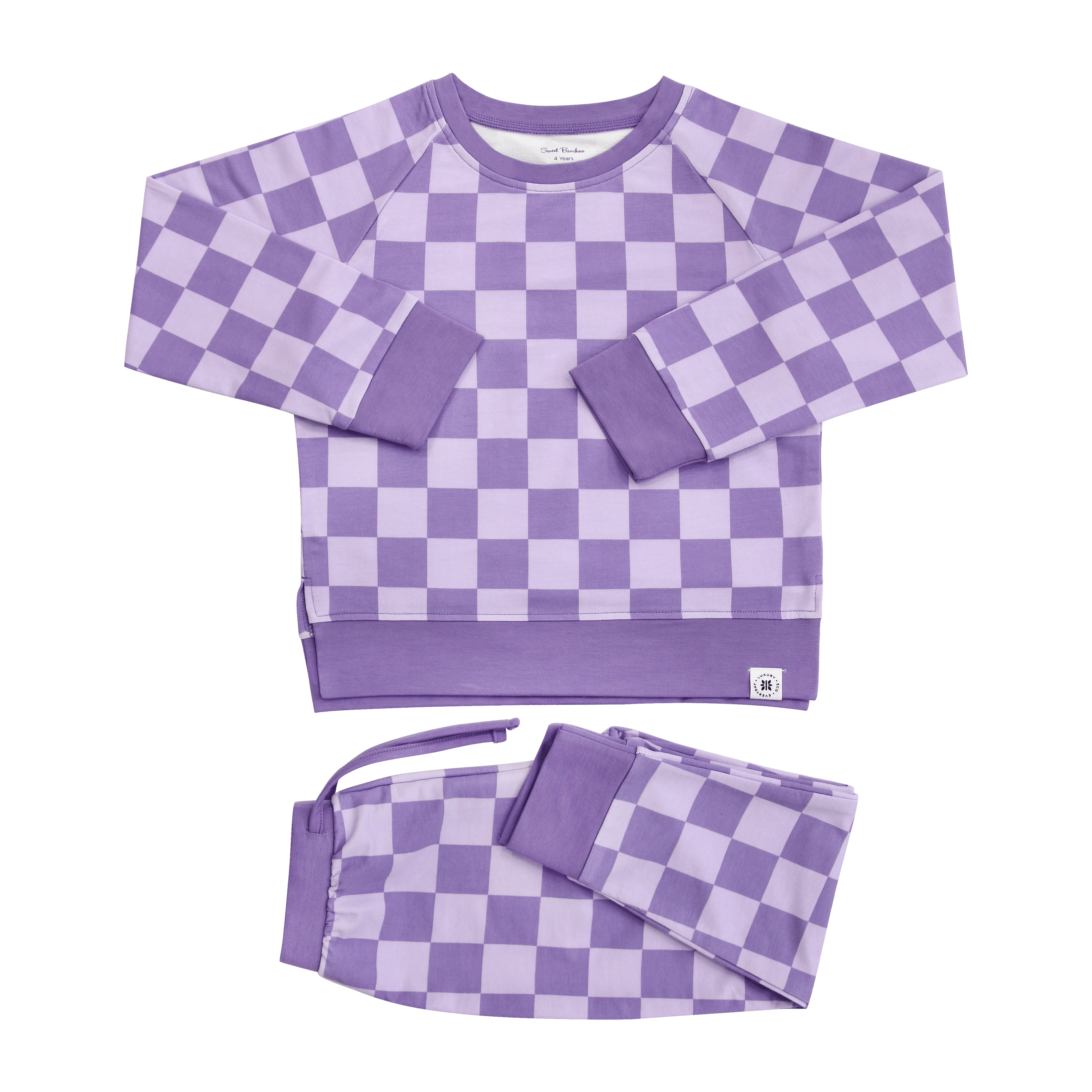 Purple checker crew neck sweatshirt and matching jogger pants set, flat lay.